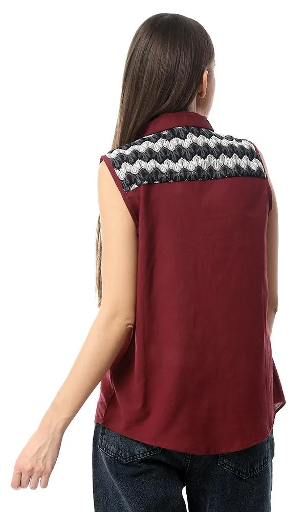 54518 Back Decorative Crochet Burgundy Sleeveless Shirt