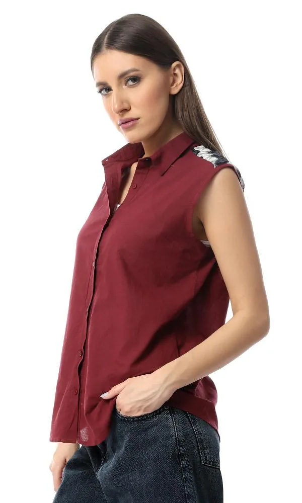 54518 Back Decorative Crochet Burgundy Sleeveless Shirt