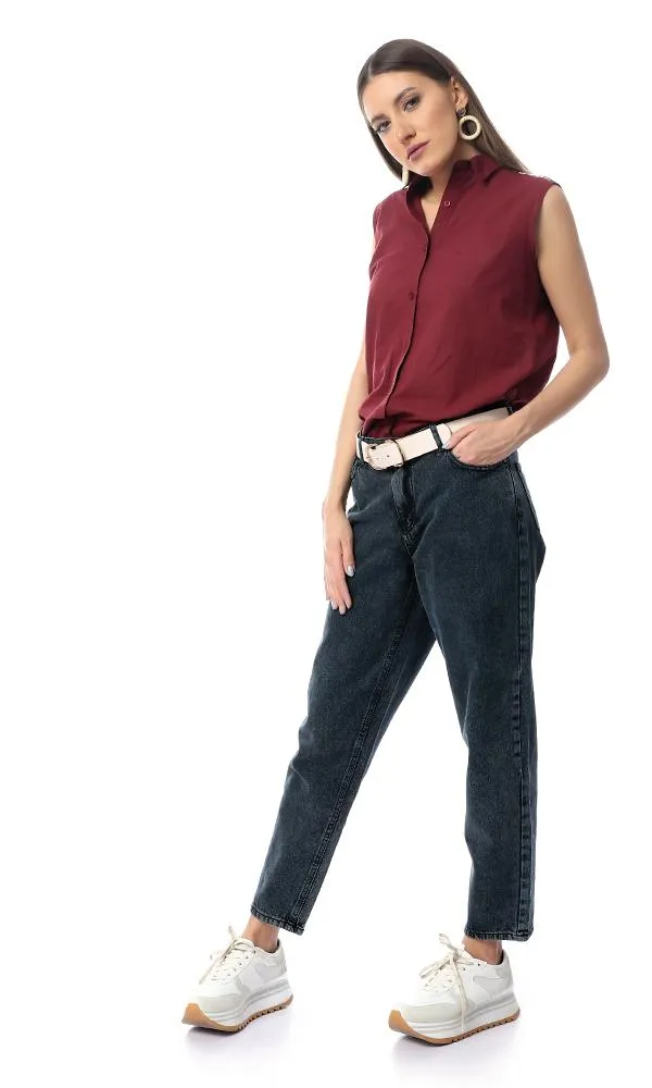 54518 Back Decorative Crochet Burgundy Sleeveless Shirt