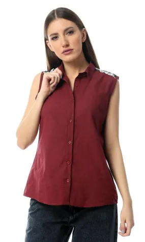 54518 Back Decorative Crochet Burgundy Sleeveless Shirt