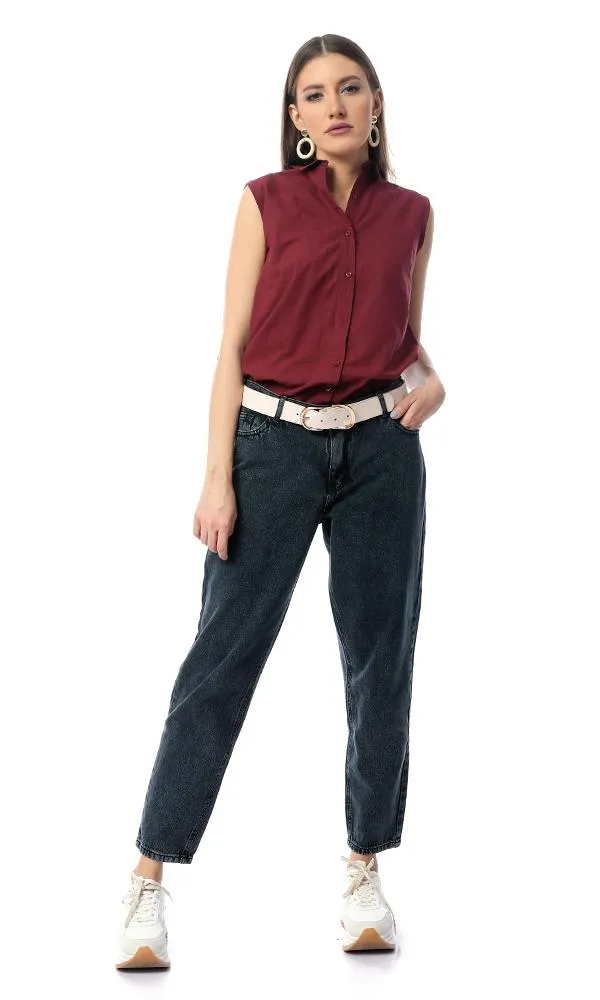 54518 Back Decorative Crochet Burgundy Sleeveless Shirt