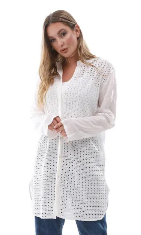 95529 Casual Perforated Long Buttoned Off White Shirt