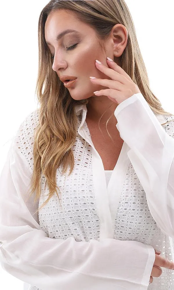 95529 Casual Perforated Long Buttoned Off White Shirt