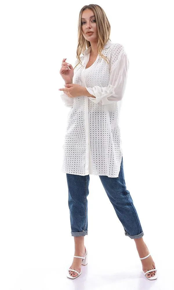 95529 Casual Perforated Long Buttoned Off White Shirt