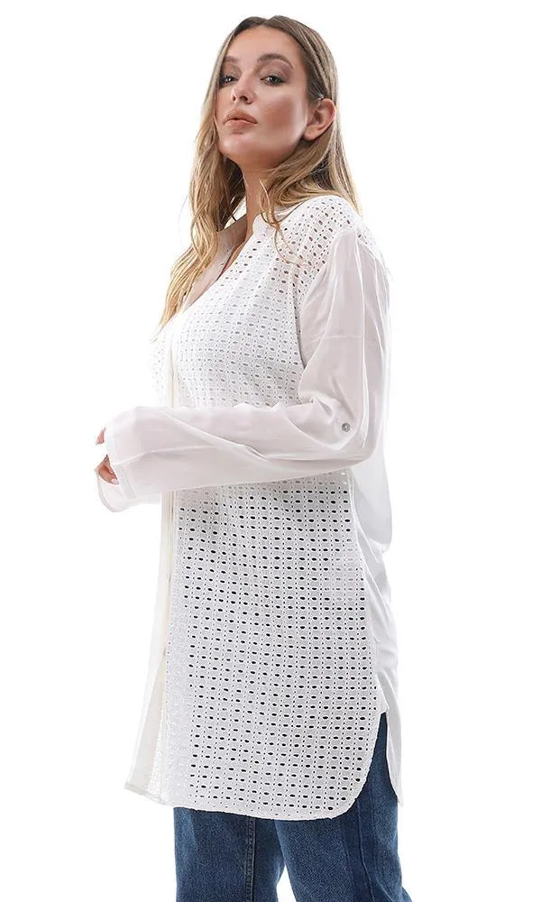 95529 Casual Perforated Long Buttoned Off White Shirt