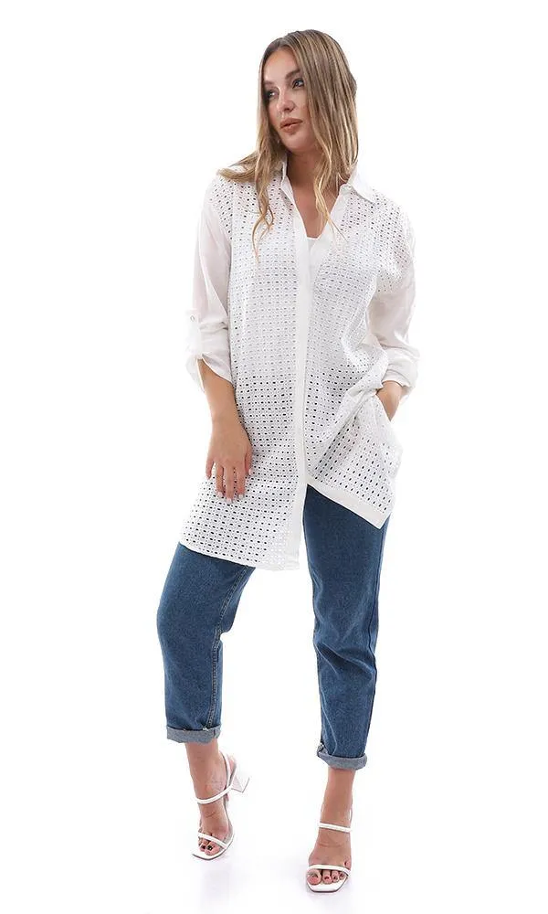 95529 Casual Perforated Long Buttoned Off White Shirt