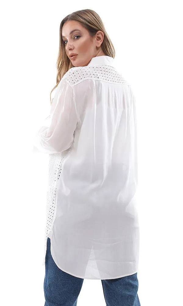 95529 Casual Perforated Long Buttoned Off White Shirt