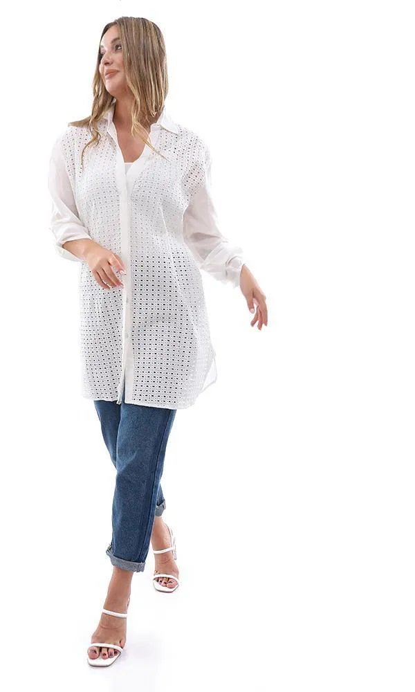 95529 Casual Perforated Long Buttoned Off White Shirt