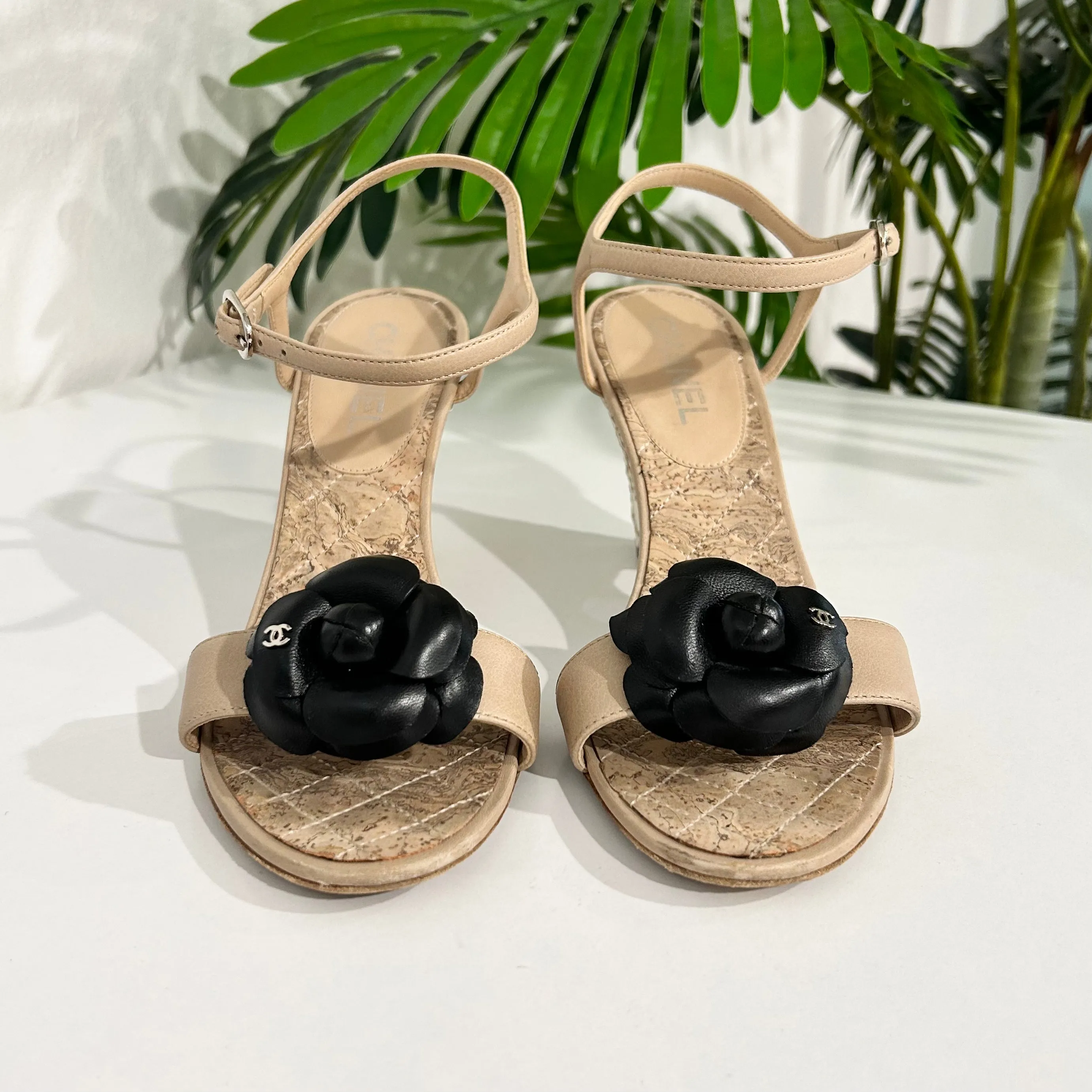 Chanel Camellia Cork Wedges