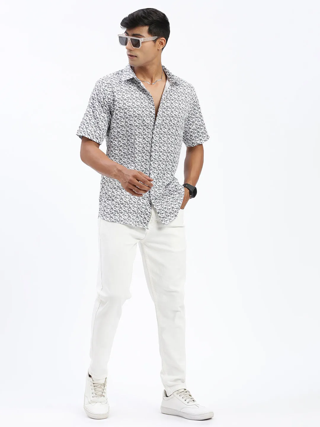 Men Micro Print Black Slim Fit Shirt