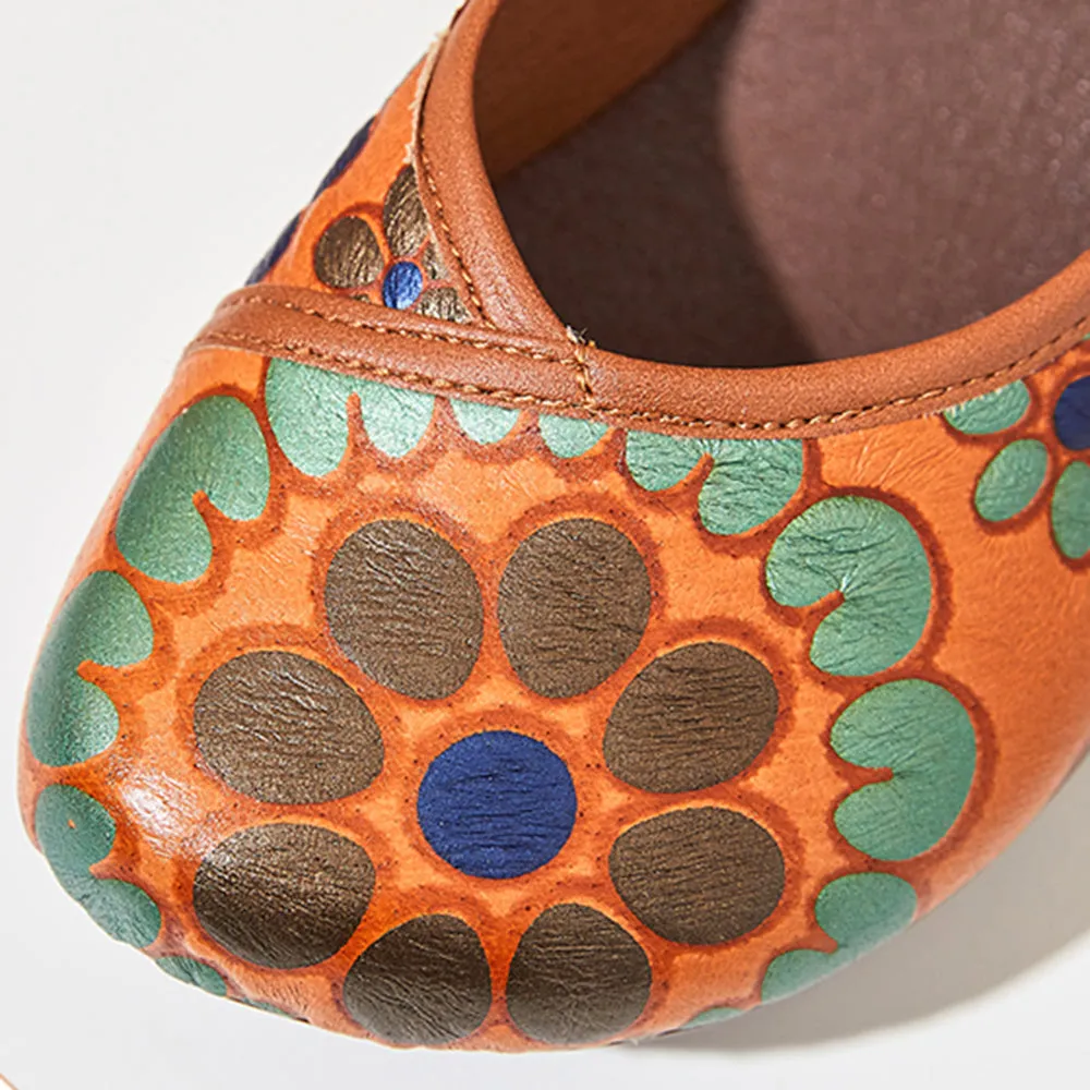 Printed Knob Ethnic Style Mid Heels Women Shoes