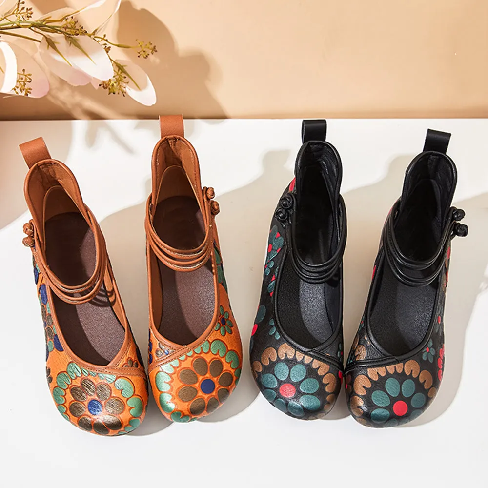 Printed Knob Ethnic Style Mid Heels Women Shoes