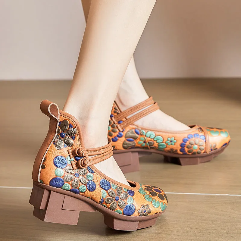 Printed Knob Ethnic Style Mid Heels Women Shoes