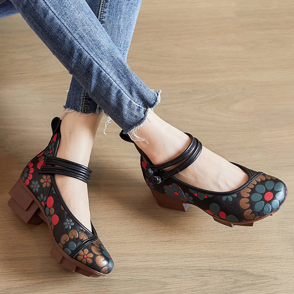 Printed Knob Ethnic Style Mid Heels Women Shoes