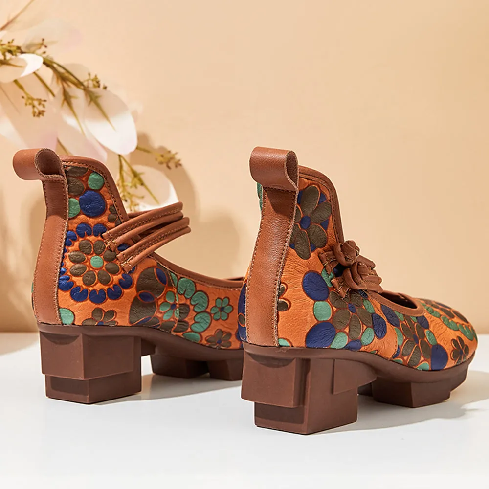 Printed Knob Ethnic Style Mid Heels Women Shoes