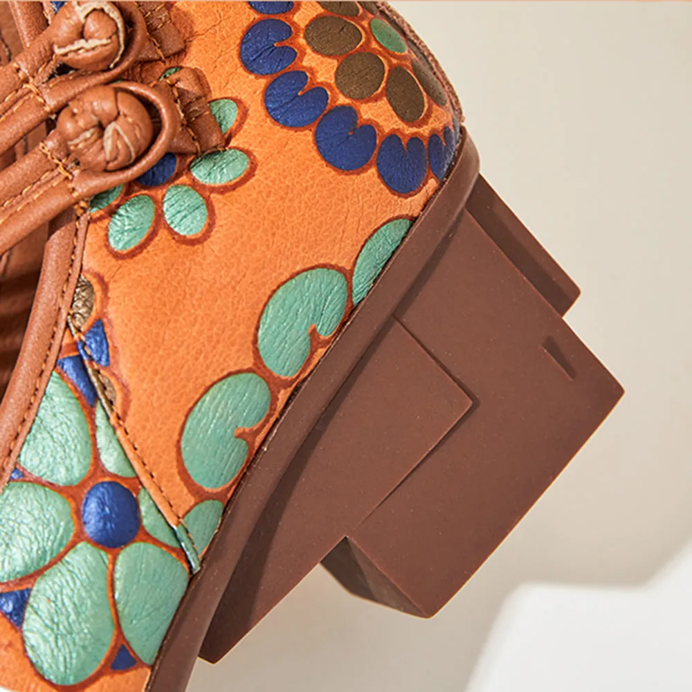 Printed Knob Ethnic Style Mid Heels Women Shoes