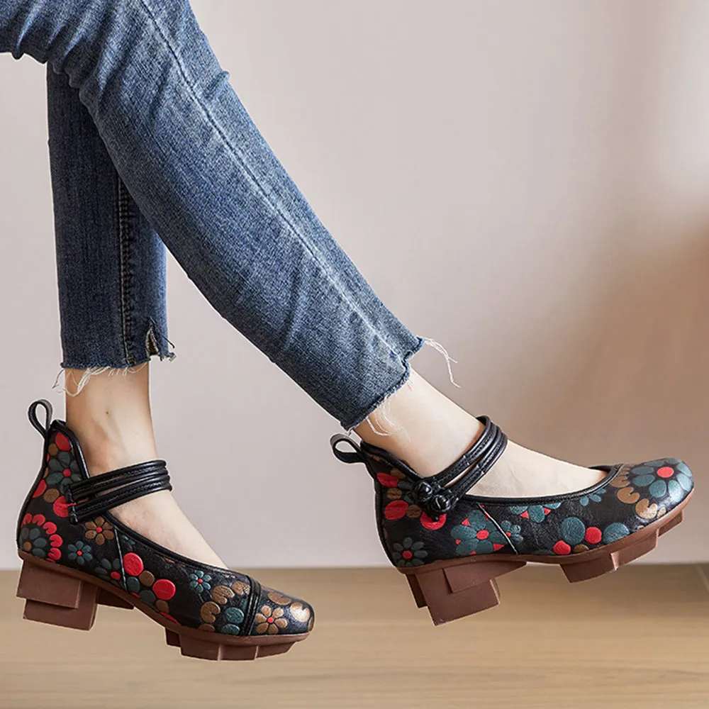 Printed Knob Ethnic Style Mid Heels Women Shoes