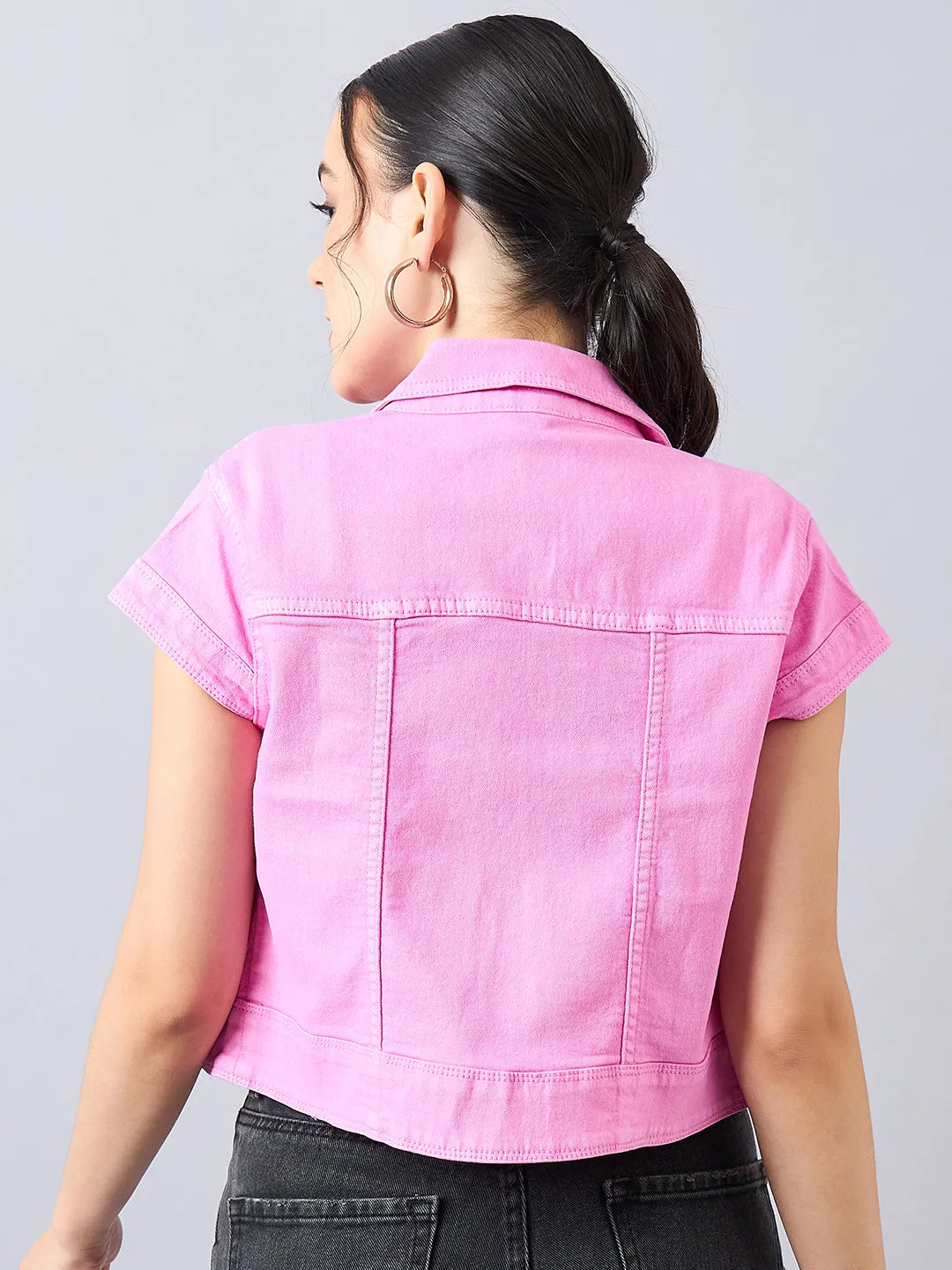 Style Quotient Women Pink Open Front Denim Shrug