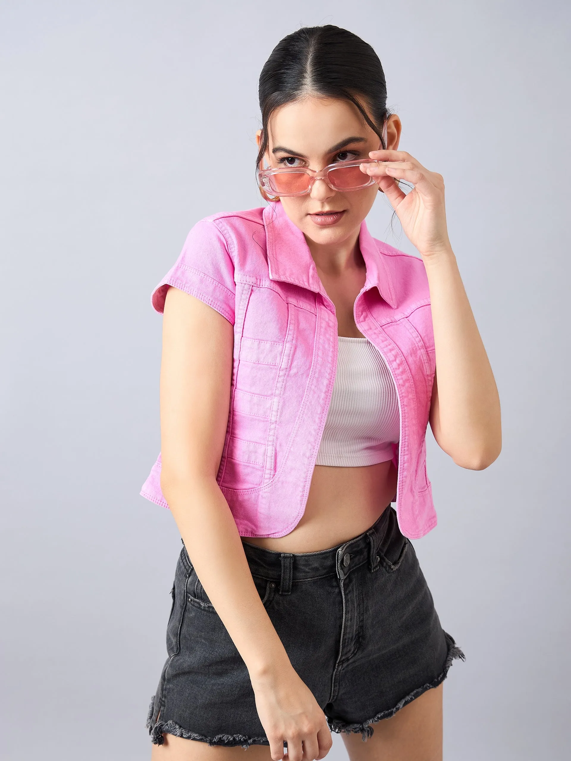 Style Quotient Women Pink Open Front Denim Shrug