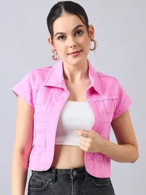 Style Quotient Women Pink Open Front Denim Shrug