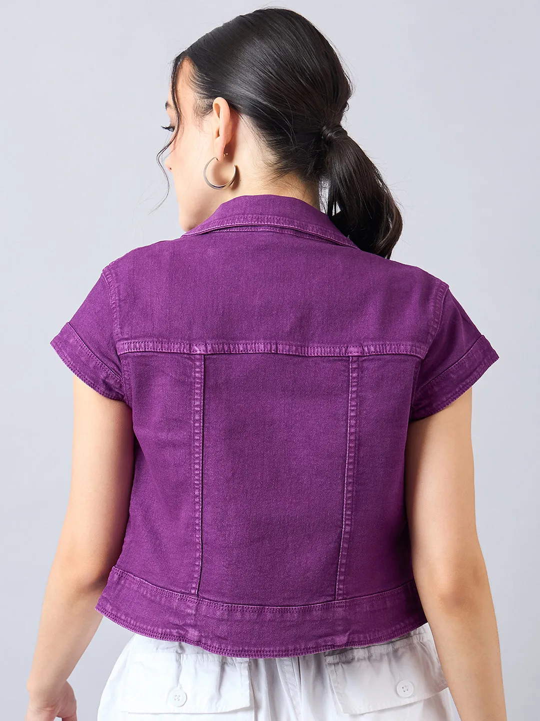 Style Quotient Women Purple Open Front Denim Shrug