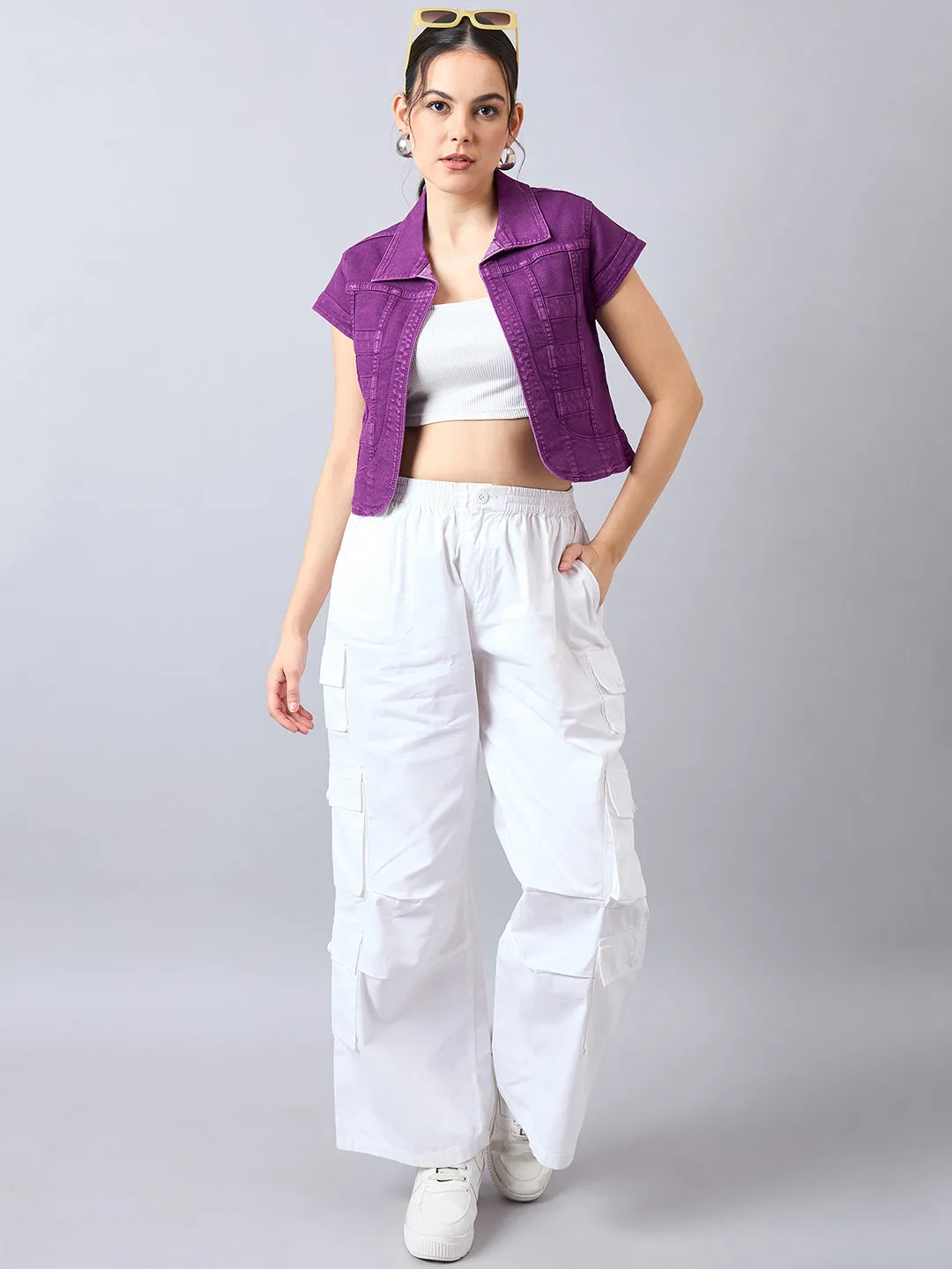 Style Quotient Women Purple Open Front Denim Shrug