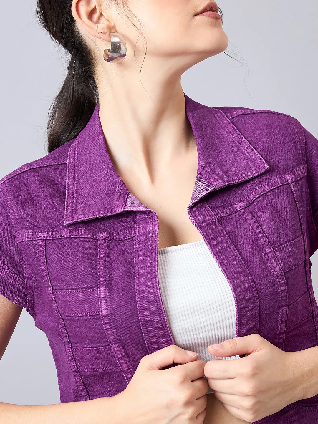 Style Quotient Women Purple Open Front Denim Shrug