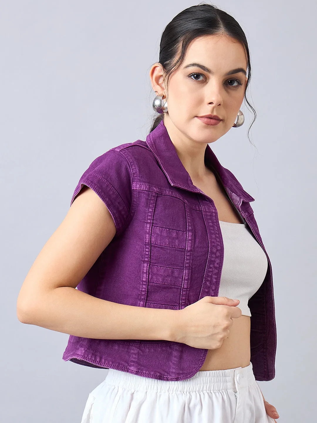 Style Quotient Women Purple Open Front Denim Shrug