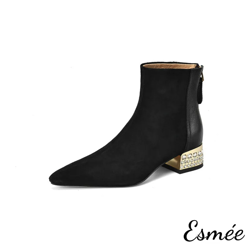 Suede Leather Ankle Boots with Rhinestone Heels
