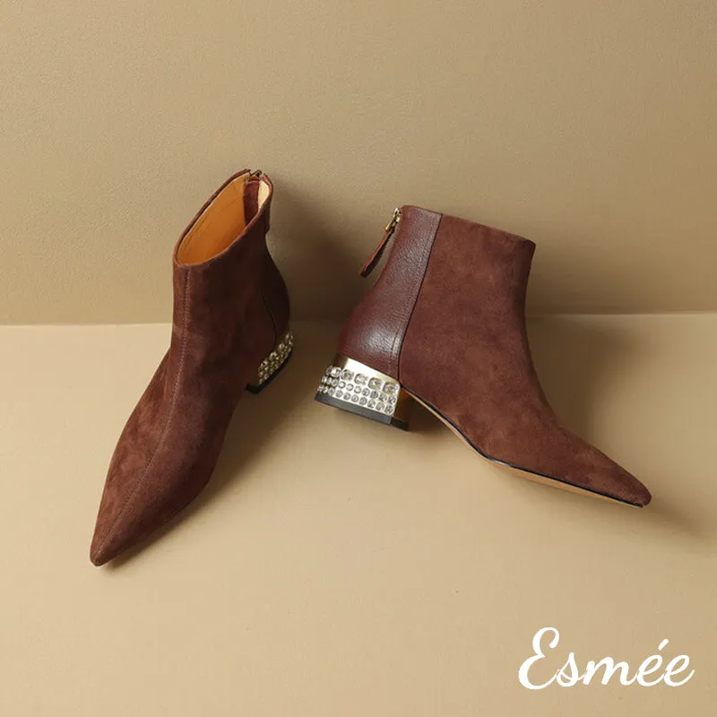 Suede Leather Ankle Boots with Rhinestone Heels