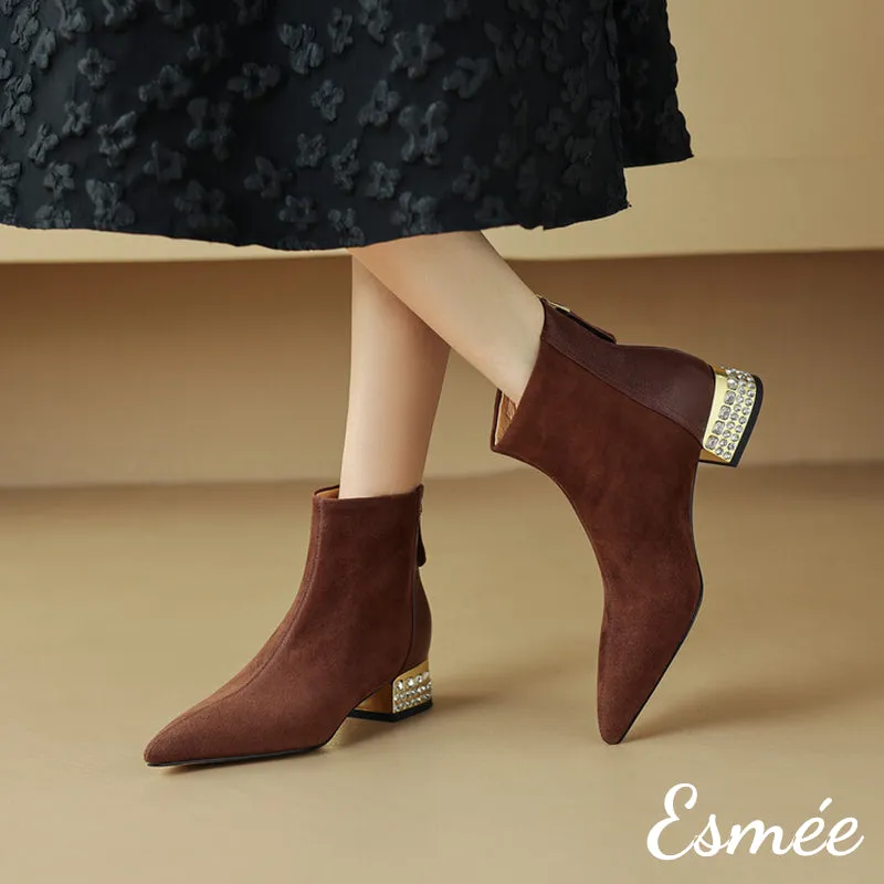 Suede Leather Ankle Boots with Rhinestone Heels
