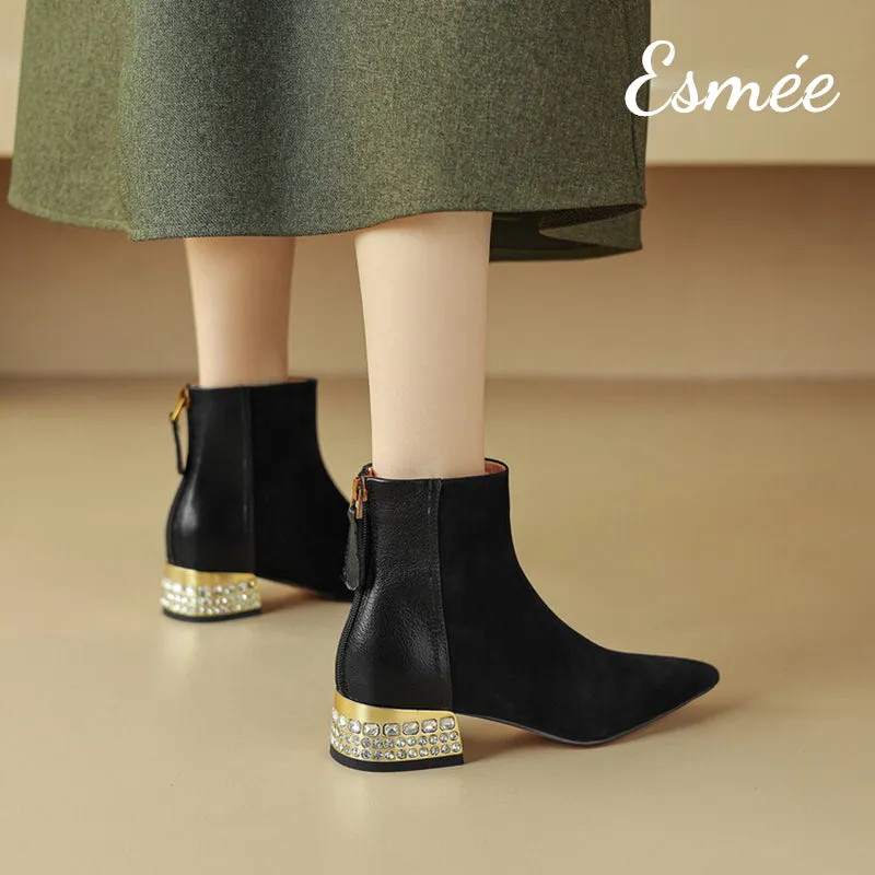 Suede Leather Ankle Boots with Rhinestone Heels