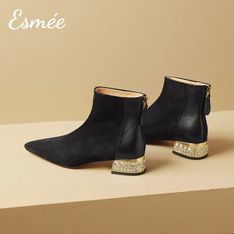 Suede Leather Ankle Boots with Rhinestone Heels