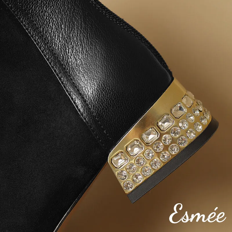 Suede Leather Ankle Boots with Rhinestone Heels